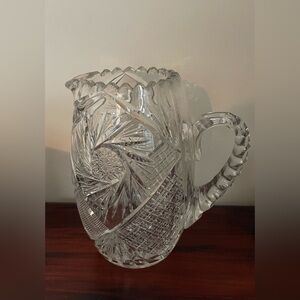 Antique American Brilliant Period (ABP)  Clear Cut Pinwheel Crystal Pitcher 9 in